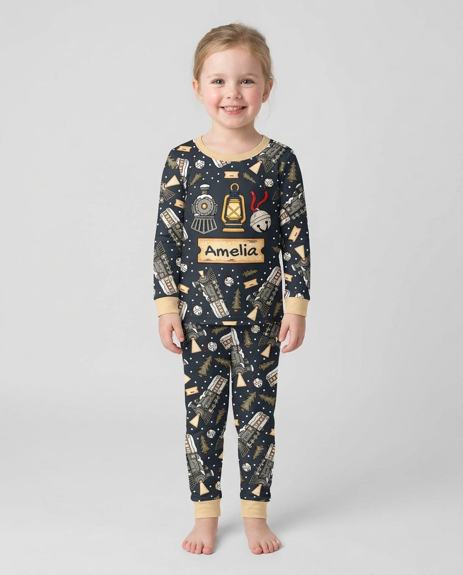 Custom Name Believe Kid Train Bamboo Two Piece Long Sleeve Pajama Set