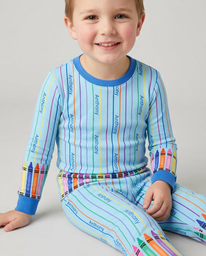 Custom Name Crayon Lines Bamboo Two Piece Long Sleeve Pajama Set
