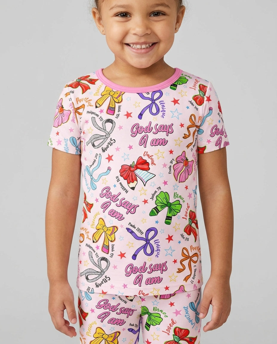 Pencil Bows God Says I Am Bamboo Two Piece Short Sleeve Pajama Set