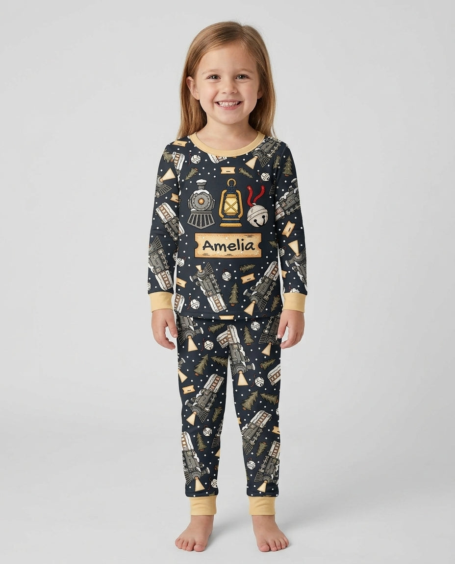 Custom Name Believe Kid Train Bamboo Two Piece Long Sleeve Pajama Set