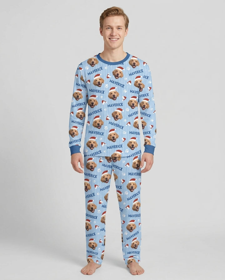 Custom Pet Photo Christmas Paws Stripe Bamboo Men's Pajama Set