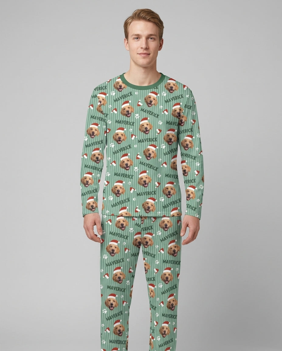 Custom Pet Photo Christmas Paws Stripe Bamboo Men's Pajama Set