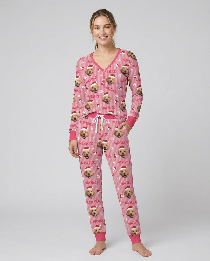 Custom Pet Photo Christmas Paws Stripe Bamboo Women Pajama Set