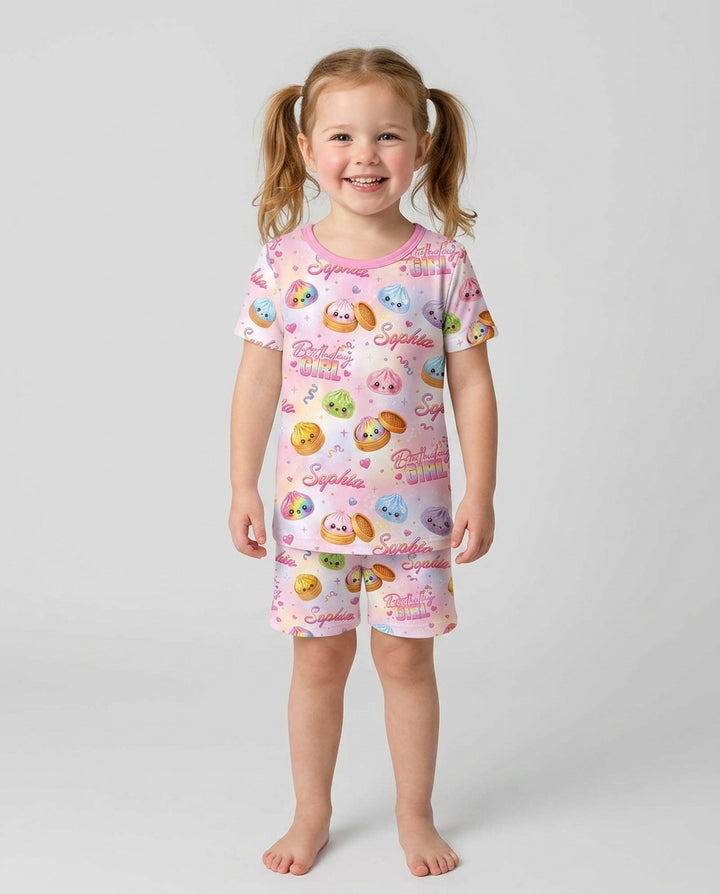 Birthday Girl Glitter Dumpling Bamboo Two Piece Short Sleeve Shorts Pajama Set