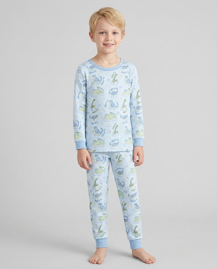 Dinos Swimming Custom Name Bamboo Two Piece Long Sleeve Pajama Set