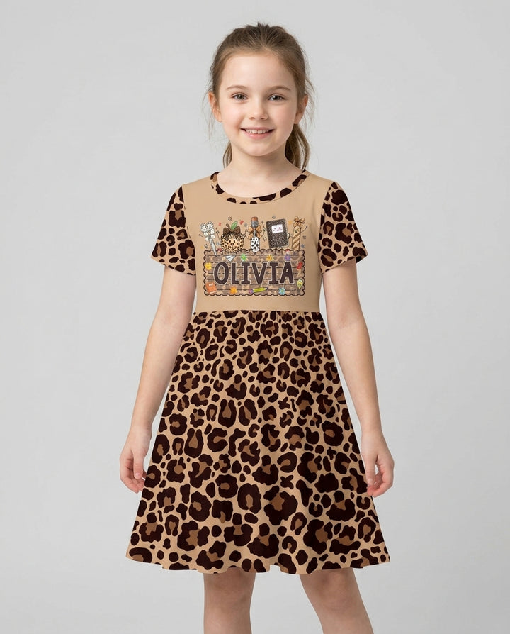 Custom Name School Sweetheart Leopard Bamboo Twirl Dress