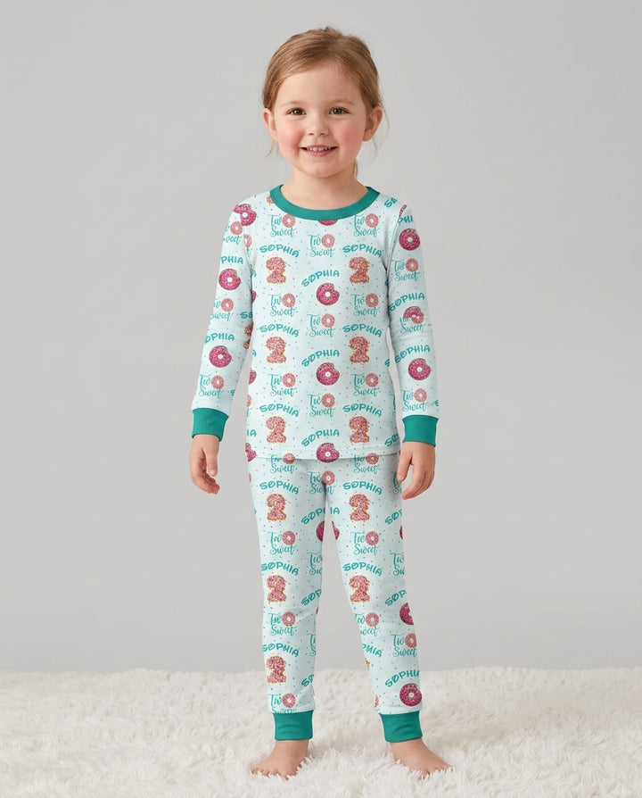 Custom Name Two Sweet Donut Bamboo Two Piece Long Sleeve Pajama Set