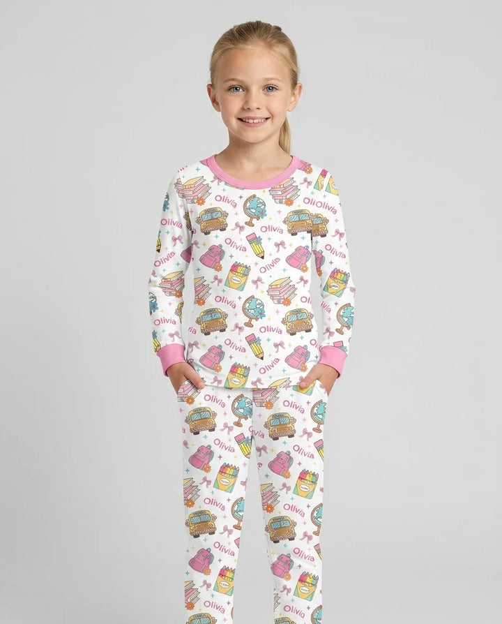 Custom Name Back To School Bamboo Two Piece Long Sleeve Pajama Set