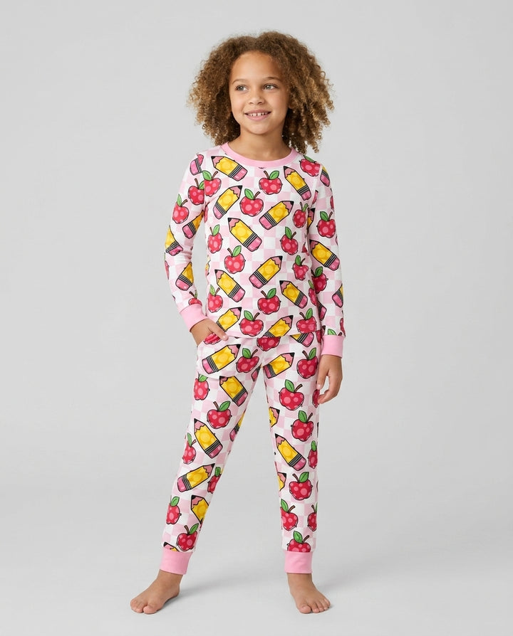 Checkered Apple Scribbles Bamboo Two Piece Long Sleeve Pajama Set