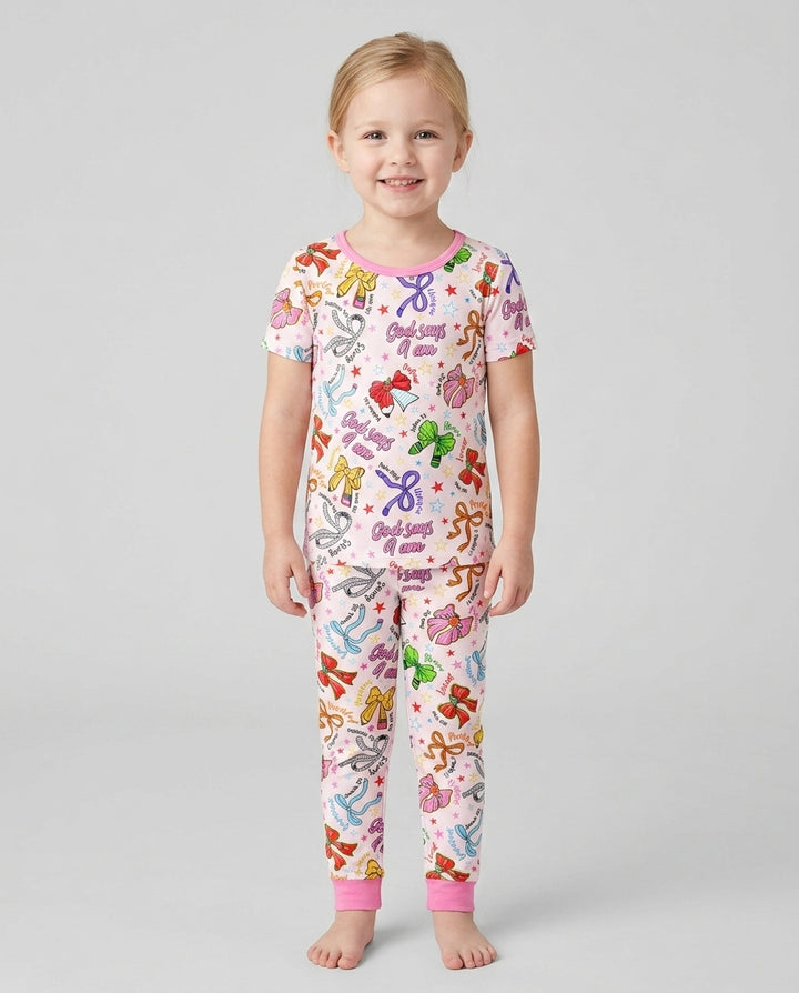 Pencil Bows God Says I Am Bamboo Two Piece Short Sleeve Pajama Set