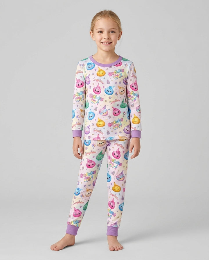 Custom Name Glitter Dumpling Birthday Girl Bamboo Two Piece Long Sleeve Pajama Set