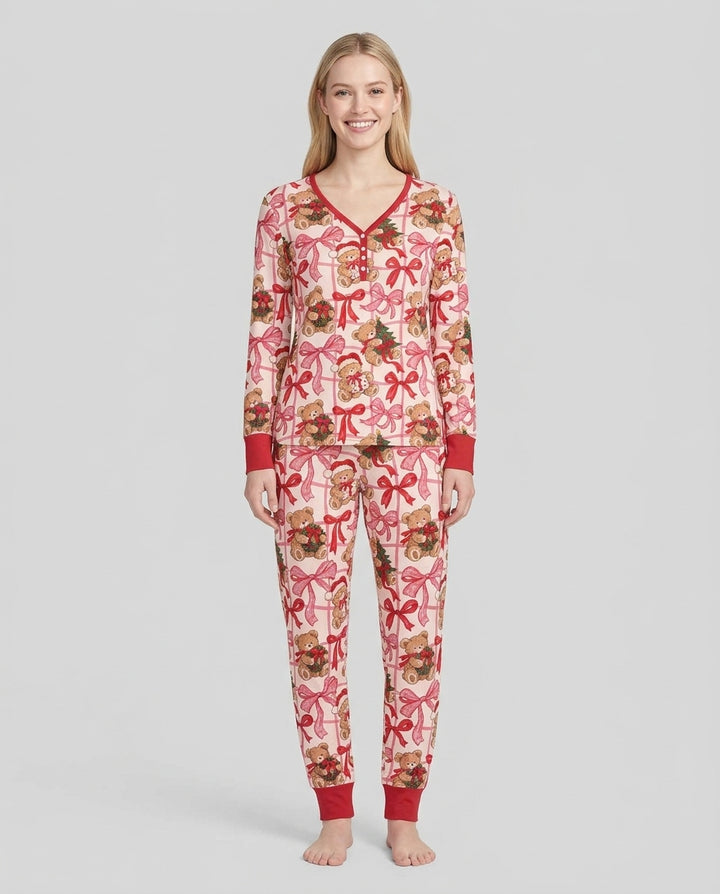 Pink Christmas Teddy Bear Plaid Mommy & Me Matching Bamboo Women Pajama Set