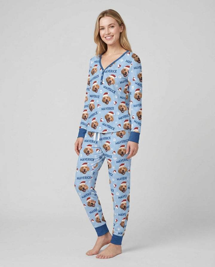 Custom Pet Photo Christmas Paws Stripe Bamboo Women Pajama Set