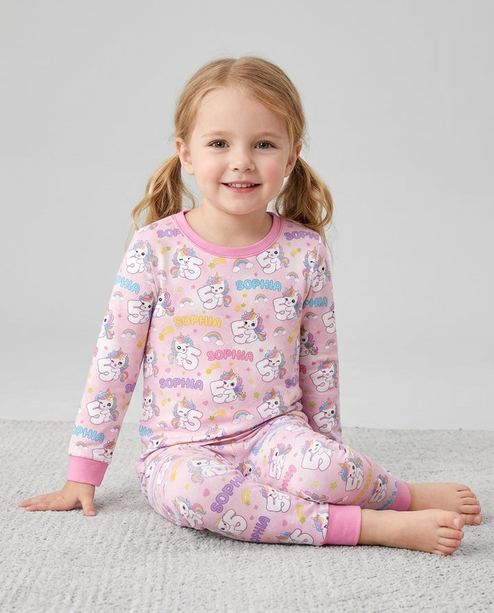 Custom Name Kawaii Unicorn Birthday Bamboo Two Piece Long Sleeve Pajama Set