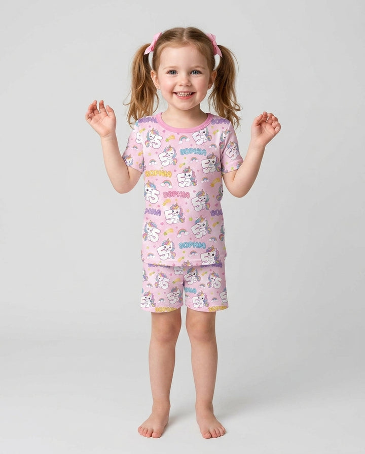 Custom Name Kawaii Unicorn Birthday Bamboo Two Piece Short Sleeve Shorts Pajama Set