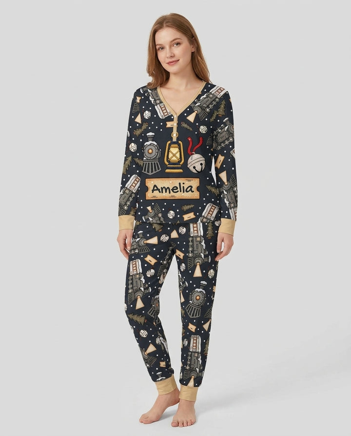 Custom Name Believe Kid Train Bamboo Women Pajama Set