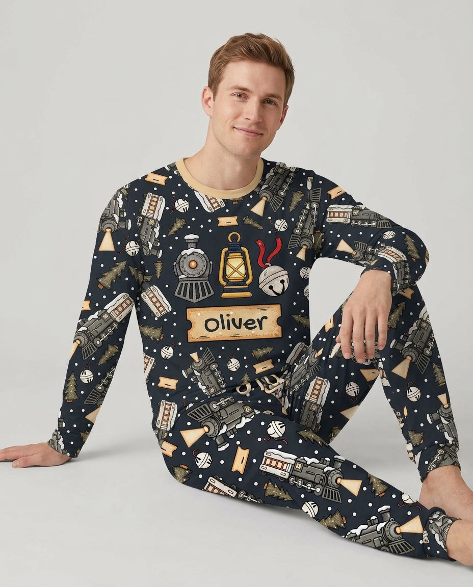 Custom Name Believe Kid Train  Bamboo Men's Pajama Set