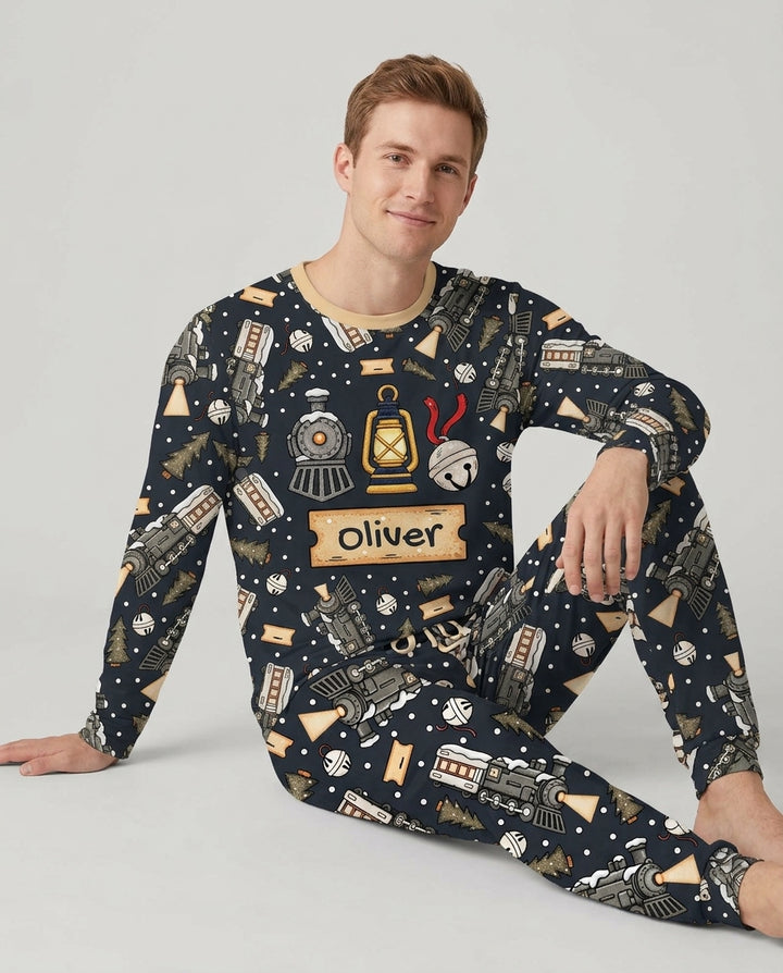Custom Name Believe Kid Train  Bamboo Men's Pajama Set