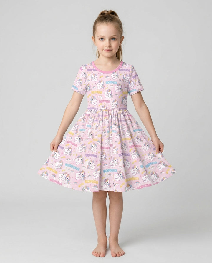 Custom Name Kawaii Unicorn Birthday Bamboo Twirl Dress