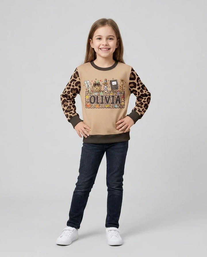 Custom Name School Sweetheart Leopard Bamboo Crewneck Sweatshirt
