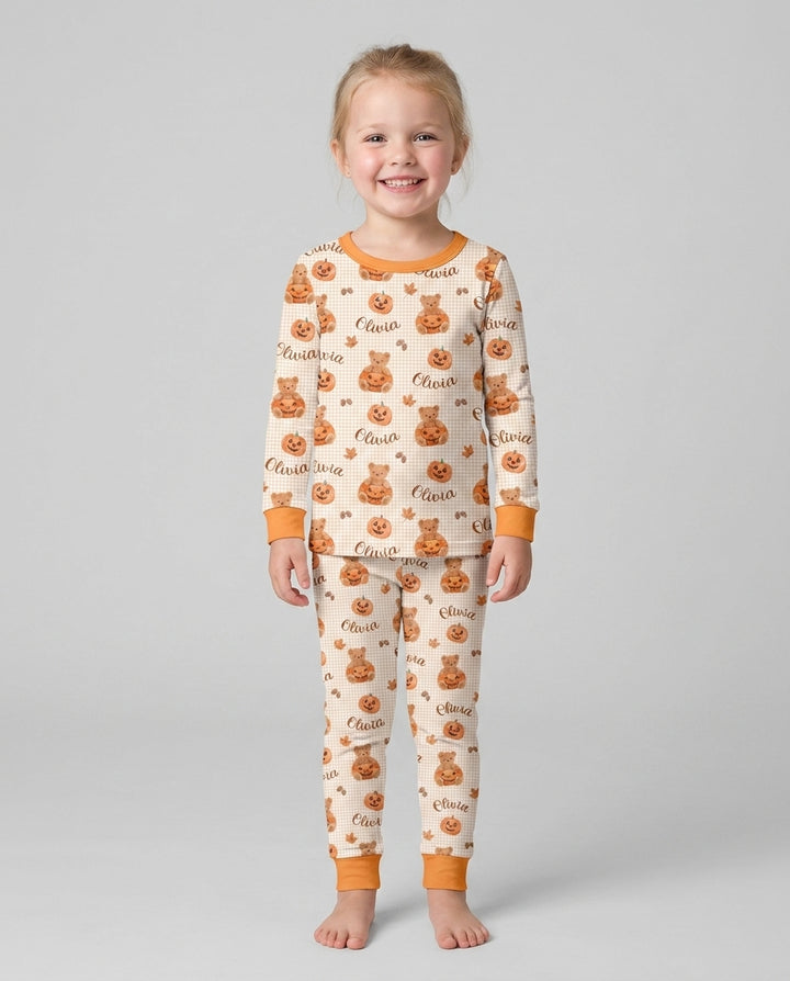 Custom Name Pumpkin Teddy Bamboo Two Piece Long Sleeve Pajama Set