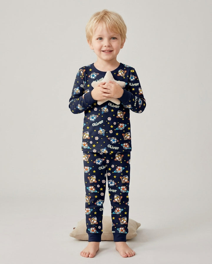 Custom Name Space Sport Bamboo Two Piece Long Sleeve Pajama Set