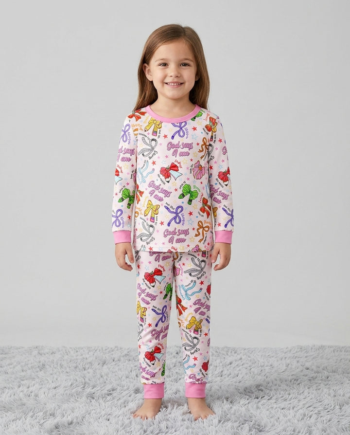 Pencil Bows God Says I Am Bamboo Two Piece Long Sleeve Pajama Set