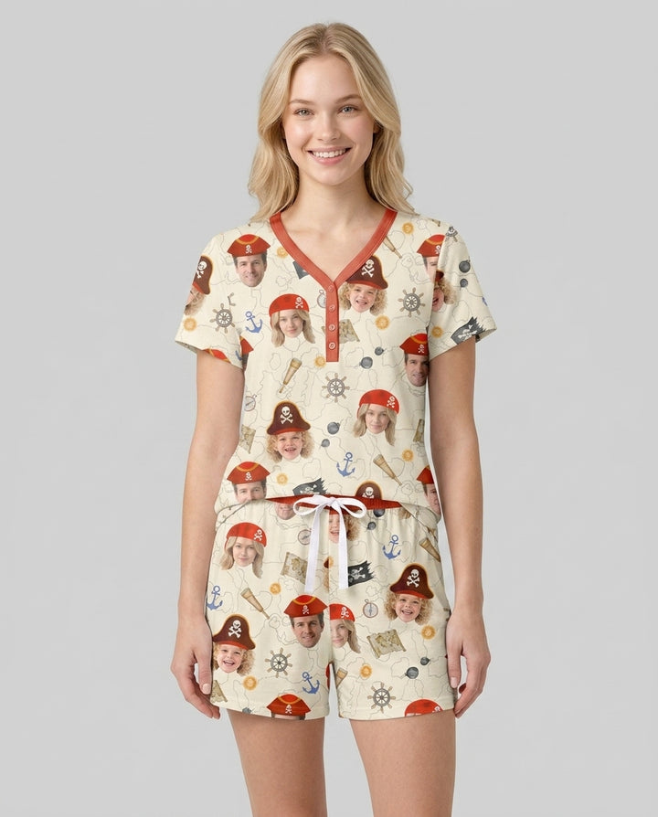 Custom Photo Treasure Map Adventures Family Matching Bamboo Women Short Sleeve Short Pajama Set
