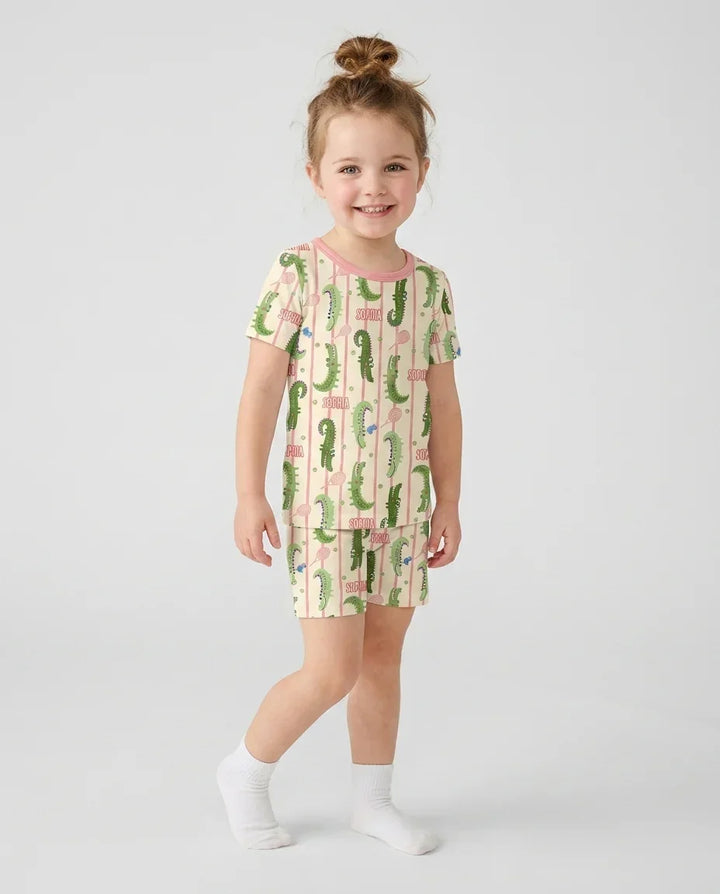 Custom Name Tennis Crocodiles Bamboo Two Piece Short Sleeve Shorts Pajama Set
