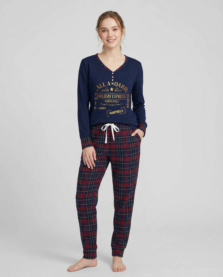 Custom Name North Pole Plaid Bamboo Women Pajama Set