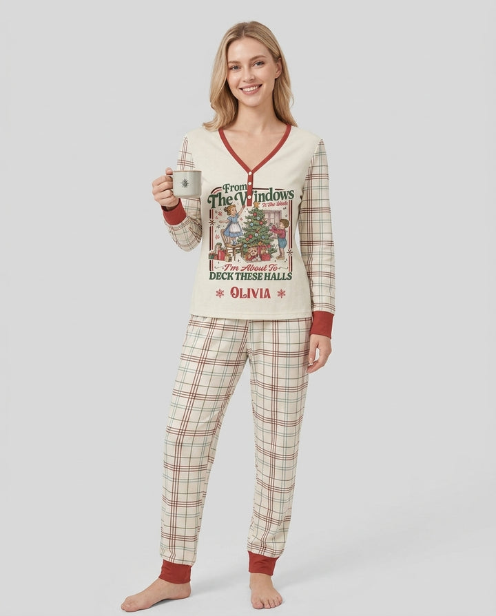Custom Name Vintage Deck The Halls Bamboo Women Pajama Set