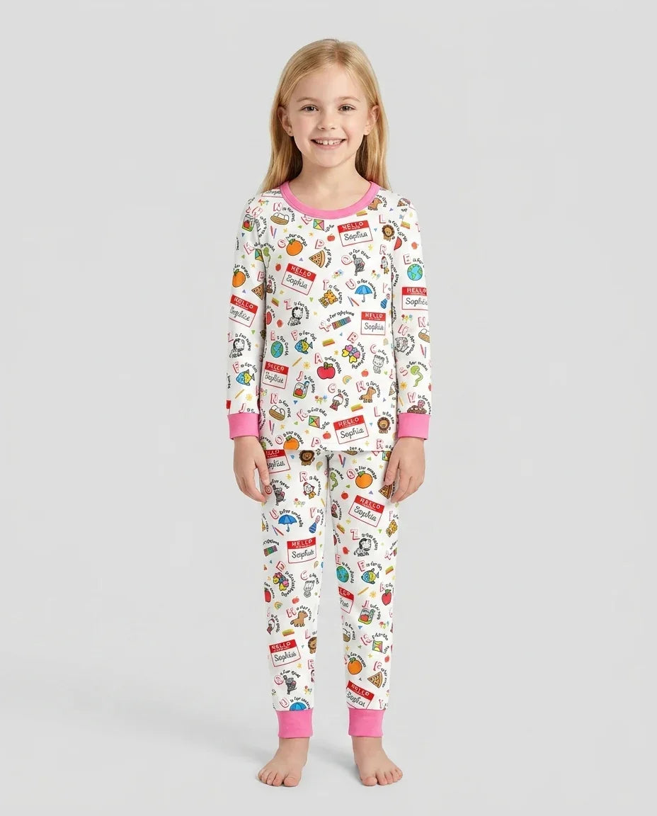 Custom Name Hello School ABCs Bamboo Two Piece Long Sleeve Pajama Set