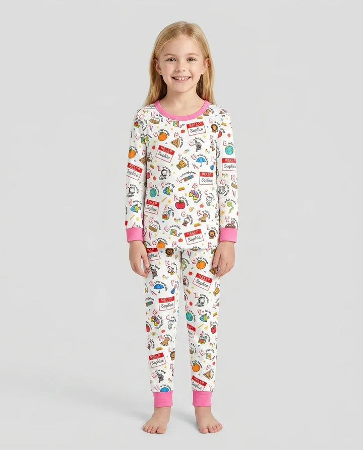 Custom Name Hello School ABCs Bamboo Two Piece Long Sleeve Pajama Set