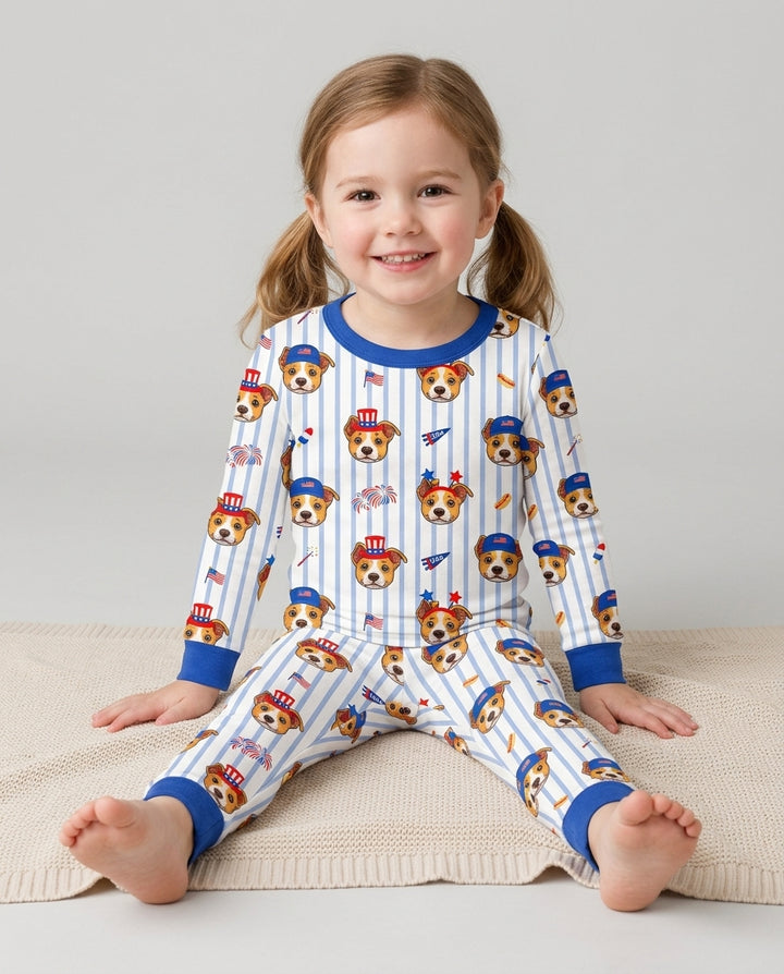 Custom Pet Image 4th of July Family Matching Bamboo Two Piece Long Sleeve Pajama Set