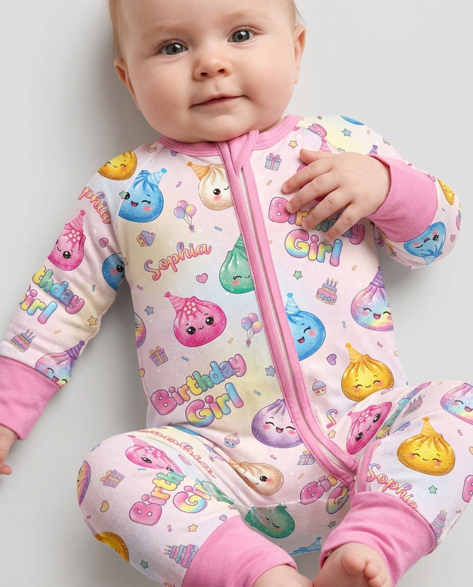 Custom Name Glitter Dumpling Birthday Girl Bamboo Convertible Zippy