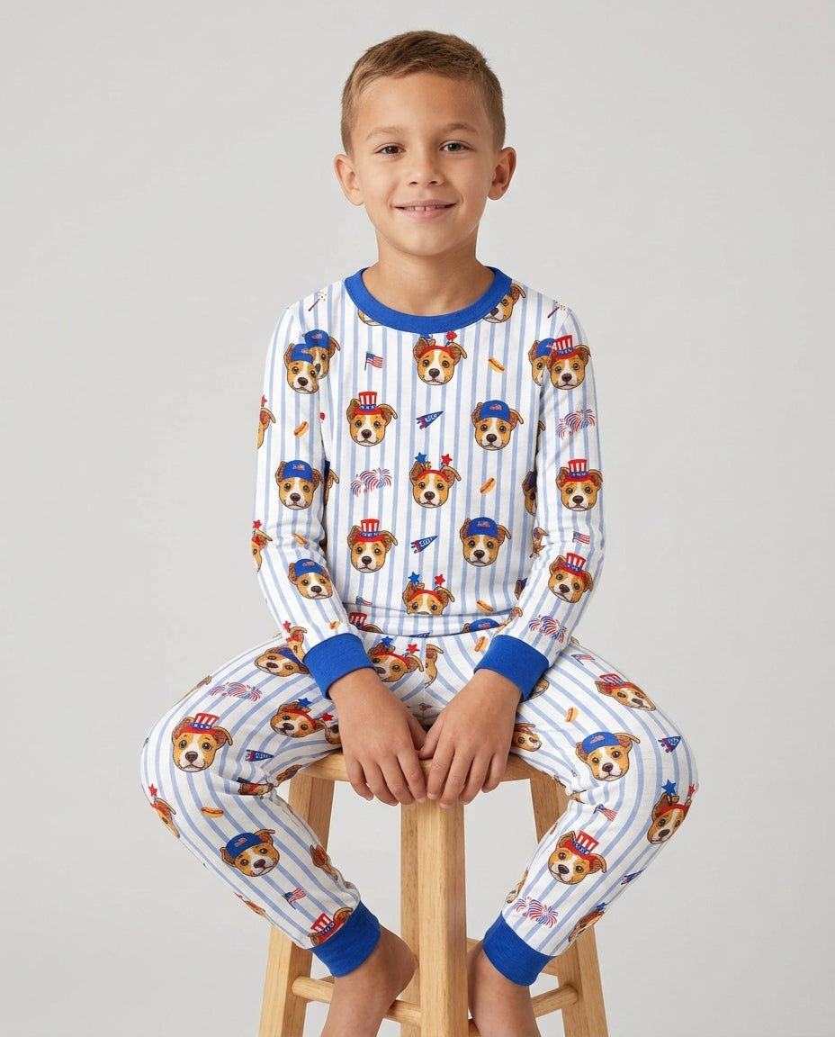 Custom Pet Image 4th of July Family Matching Bamboo Two Piece Long Sleeve Pajama Set
