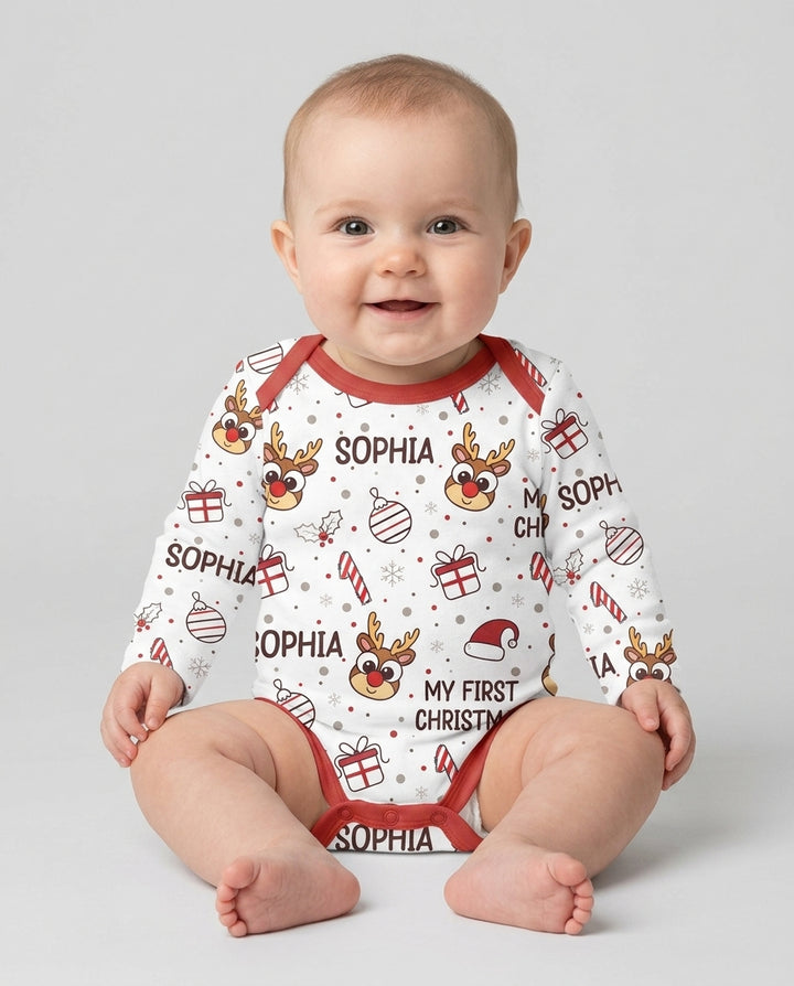 Custom Name Reindeer Doodle My First Christmas Bamboo Bodysuit