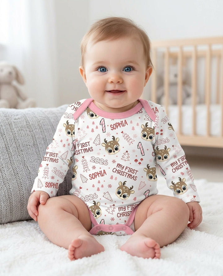 Custom Name Cute Reindeer My First Christmas Bamboo Bodysuit