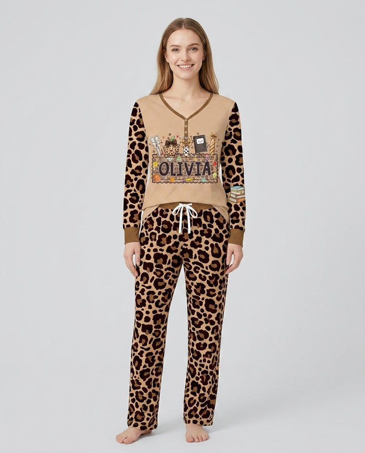Custom Name School Sweetheart Leopard Bamboo Women Pajama Set