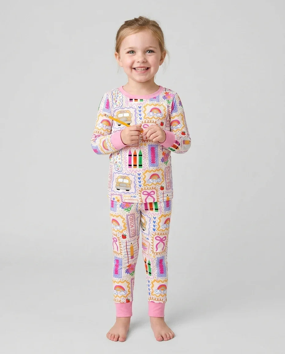 Colorful Doodle School Bamboo Two Piece Long Sleeve Pajama Set