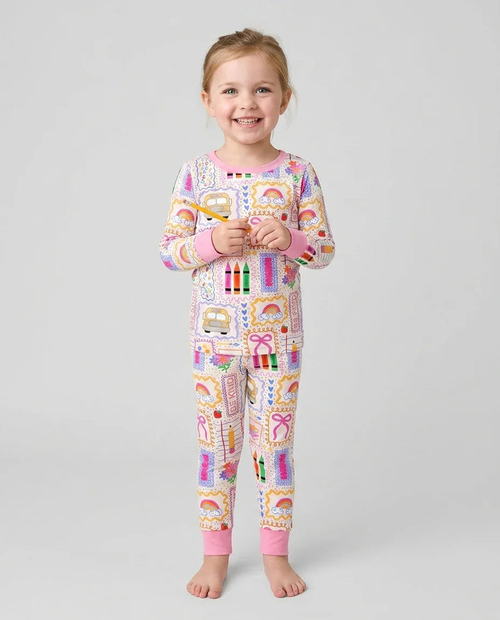 Colorful Doodle School Bamboo Two Piece Long Sleeve Pajama Set
