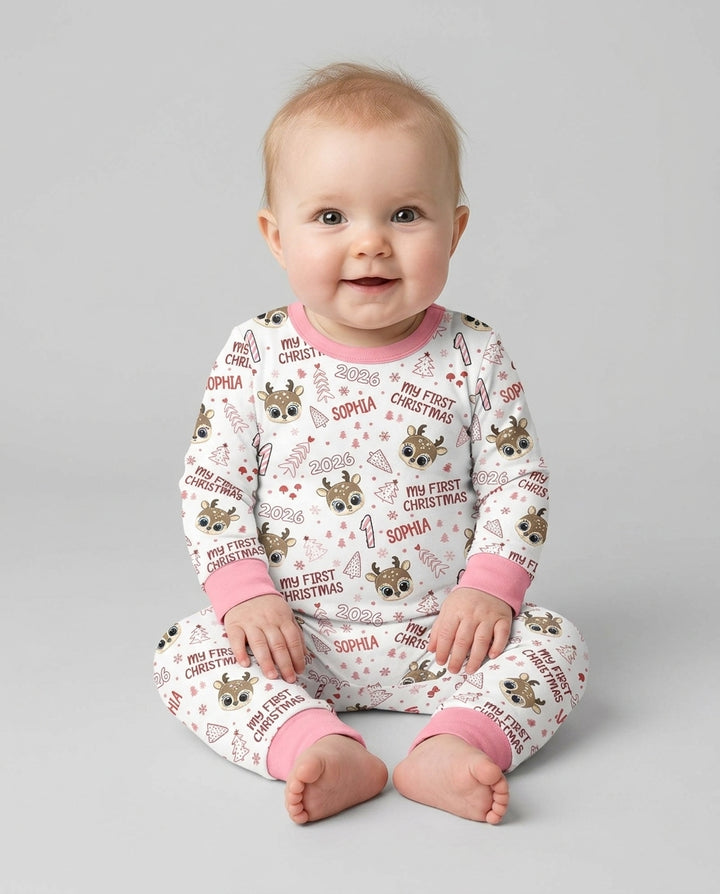 Custom Name Cute Reindeer My First Christmas Bamboo Two Piece Long Sleeve Pajama Set