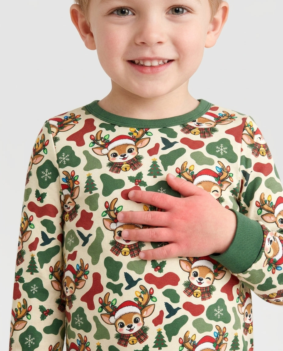 Christmas Deer Hunting Camo Bamboo Two Piece Long Sleeve Pajama Set