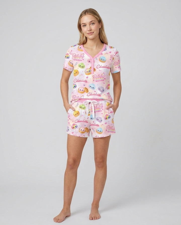 Birthday Girl Glitter Dumpling Bamboo Women Short Sleeve Short Pajama Set