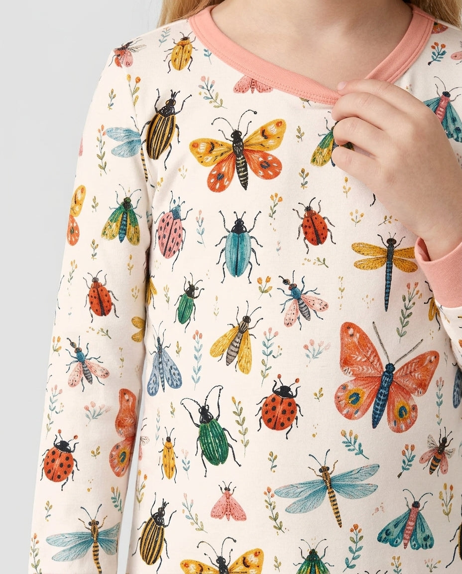Folk Art Insects Bamboo Two Piece Long Sleeve Pajama Set