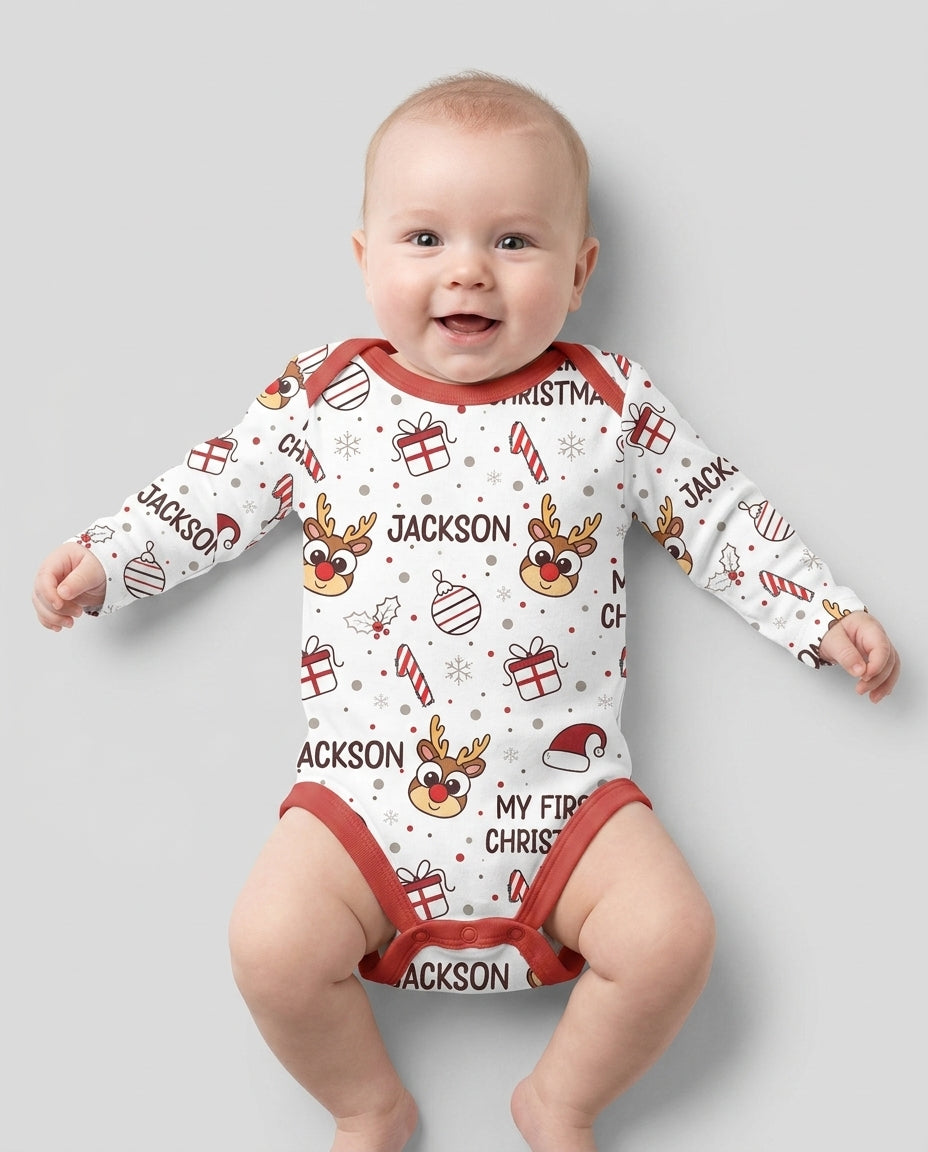 Custom Name Reindeer Doodle My First Christmas Bamboo Bodysuit