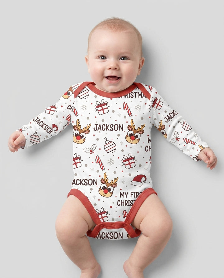 Custom Name Reindeer Doodle My First Christmas Bamboo Bodysuit