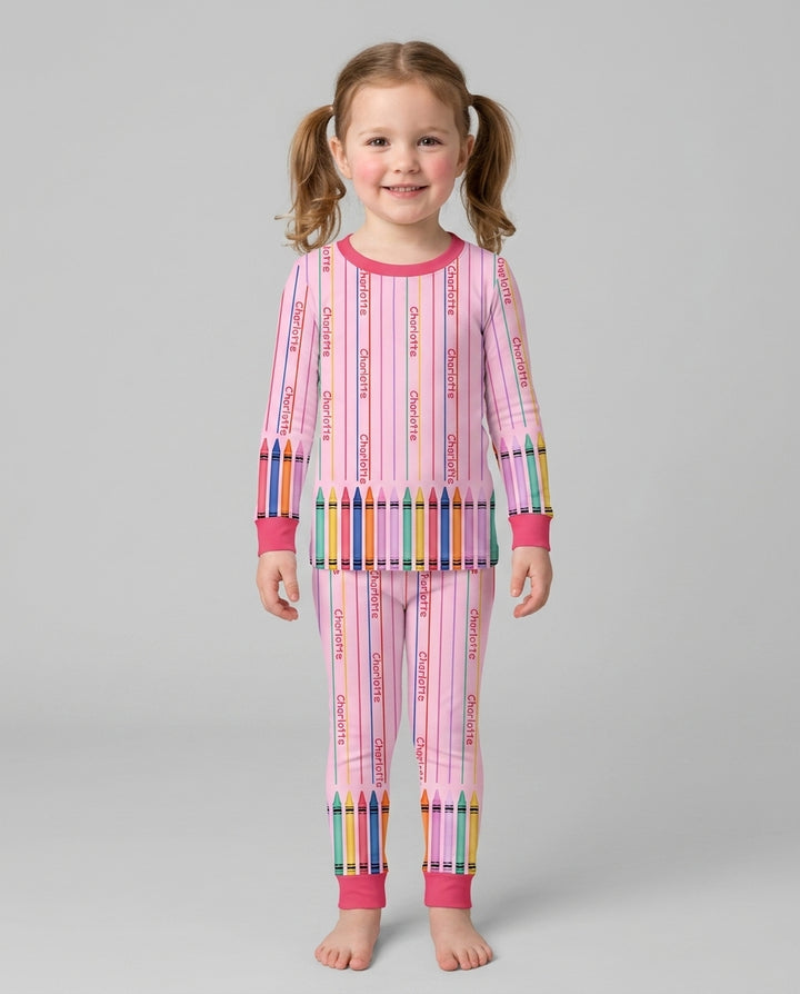 Custom Name Crayon Lines Bamboo Two Piece Long Sleeve Pajama Set