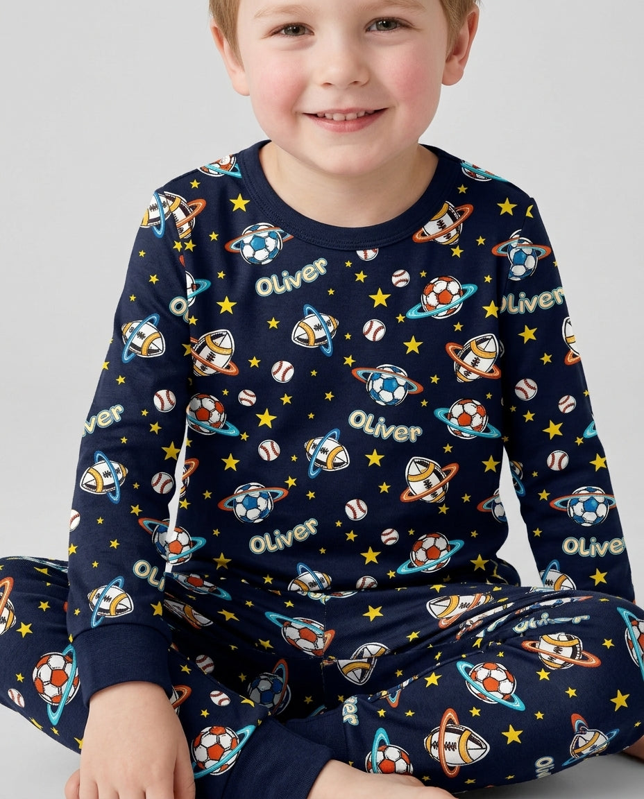 Custom Name Space Sport Bamboo Two Piece Long Sleeve Pajama Set