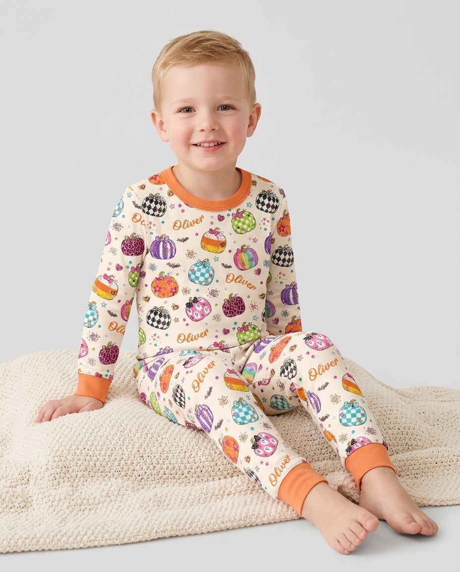 Custom Name Twinkle Pumpkin Bamboo Two Piece Long Sleeve Pajama Set